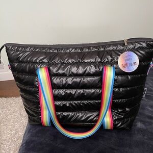 Black Puffer Tote with Primary Rainbow Straps